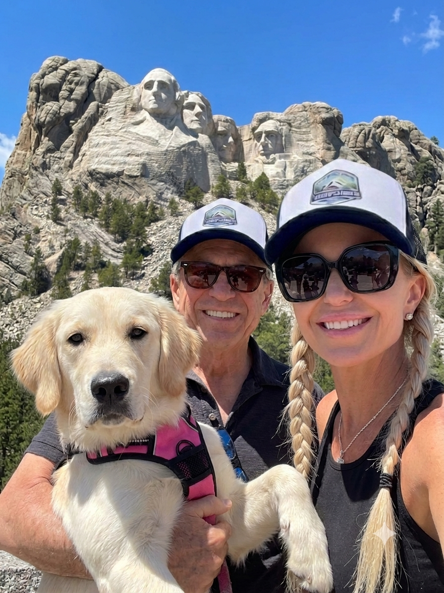 Kristie, Fred, and Goldie at Mount Rushmore